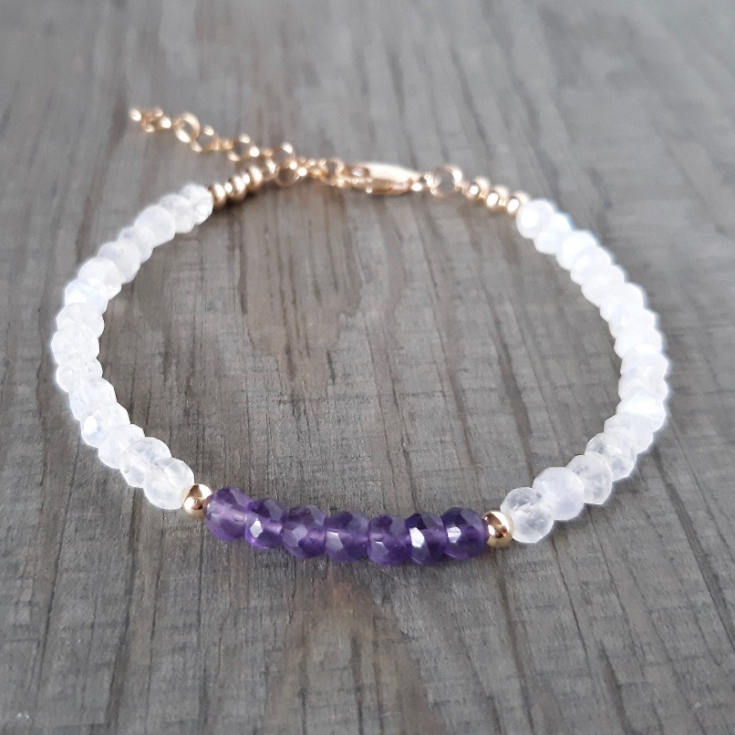 Amethyst Moonstone Bracelet 14k Gold Filled Beaded Natural Gemstone Bracelet 48$